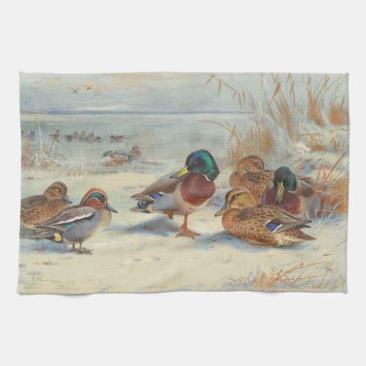 Mallard und aquamarin im Schnee, Vögel Geschirrtuch (Horizontal)