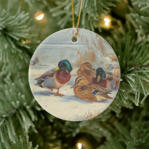 Mallard und aquamarin im Schnee, Vögel Keramik Ornament