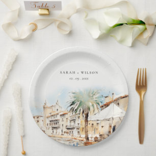 Mallorca Spanien Aquarell-Landschaft Hochzeit Pappteller