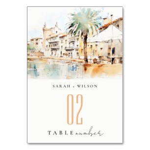 Mallorca Spanien Aquarell-Landschaft Hochzeit Tischnummer