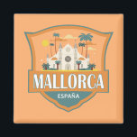 Mallorca Spanien Reisen Retro Abzeichen Magnet<br><div class="desc">Mallorca Retro-Design in einem Emblem-Stil zeigt die Kathedrale Santa María. Mallorca (Mallorca) ist eine der Balearen Spaniens im Mittelmeer.</div>