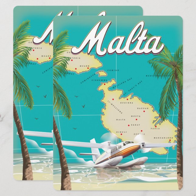 Malta Beach & Map Reiseplakat (Vorne/Hinten)