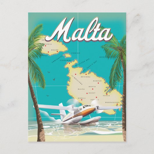 Malta Beach & Map Reiseplakat Postkarte (Vorderseite)