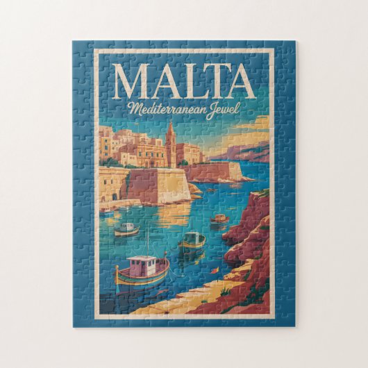 Malta Coast Illustration Travel Art Vintage Puzzle (Vertikal)