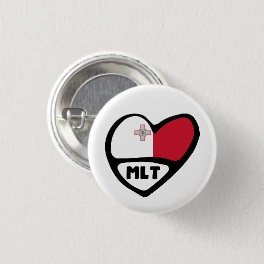 Malta Country Code Flag Heart Pin Badge, MLT Button (Vorne & Hinten)