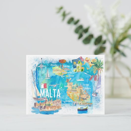 Malta Illustriert Island Reiseplan mit Straßen Postkarte (Stehend Vorderseite)
