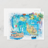 Malta Illustriert Island Reiseplan mit Straßen Postkarte (Vorne/Hinten)