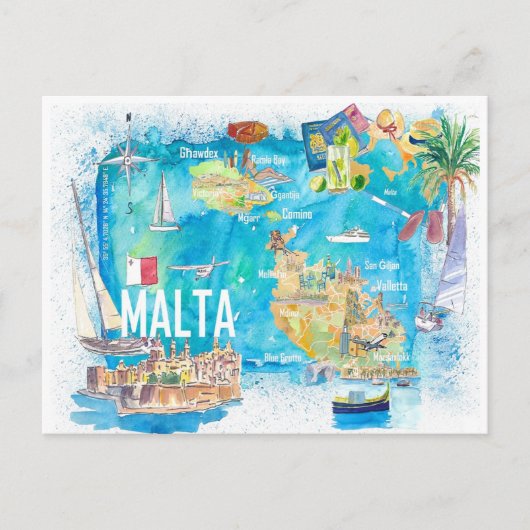 Malta Illustriert Island Reiseplan mit Straßen Postkarte (Vorderseite)