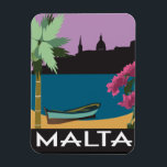 Malta mit Vintage-Reiseanschauung Magnet<br><div class="desc">Die originale Maltesimule, die die Insel Malta im Mittelmeer feiert, ist nach dem Vorbild der alten Poster im Reisestil gestaltet. Das tropische Bild in lebhaften Farben zeigt auf die Skyline von Valletta und die Basilika, eine stilisierte Palme, Bougainvillea-Blume und ein bemaltes Boot auf dem Wasser. Der Name Malta steht ganz...</div>