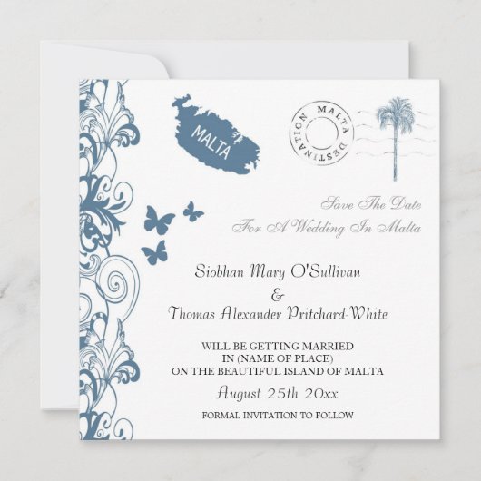 Malta Save the Date auf Malta Blue Einladung (Vorderseite)