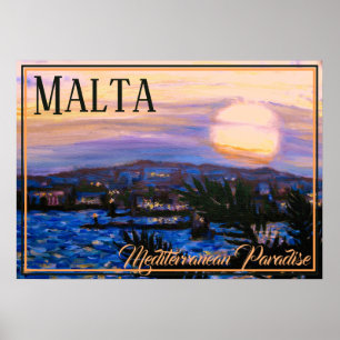 Malta Vintage Reise Mittelmeerparadies Sonnenunter Poster
