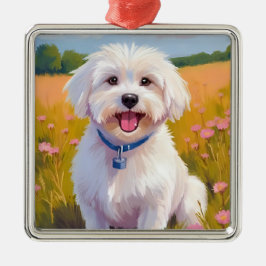 Maltese Dog | Flower Field Pet Painting Ornament Aus Metall