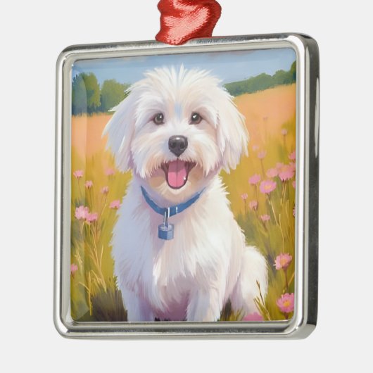 Maltese Dog | Flower Field Pet Painting Ornament Aus Metall (Links)