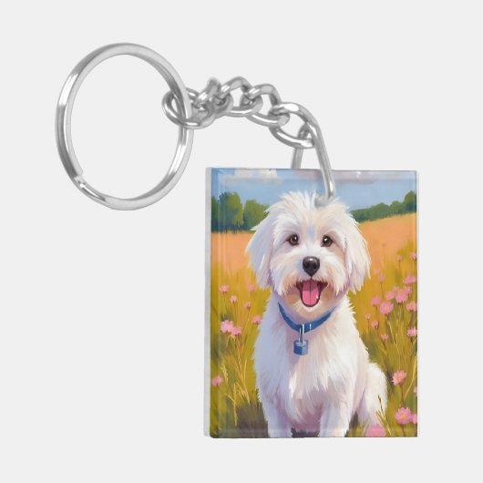Maltese Dog | Flower Field Pet Painting Schlüsselanhänger (Vorderseite links)