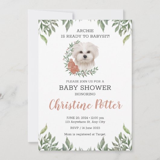 Maltese Dog Girl Boho Greenery Baby Shower Einladung (Vorderseite)