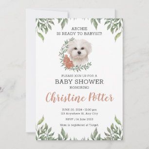 Maltese Dog Girl Boho Greenery Baby Shower Einladung