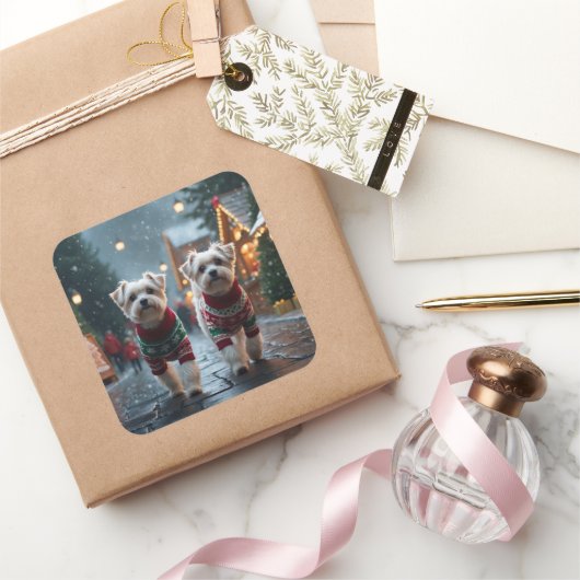 Maltese Dogs Christmas Snow Holiday Quadratischer Aufkleber (Schenken)