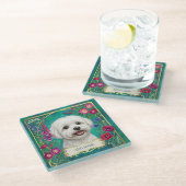 Maltese Hund Individuelle Glas Teal Untersetzer (Schrägansicht)