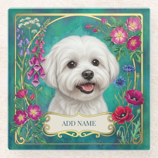 Maltese Hund Individuelle Glas Teal Untersetzer (Vorderseite)