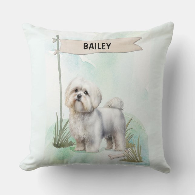 Maltese Watercolor Personalized Dog Kissen (Vorderseite)