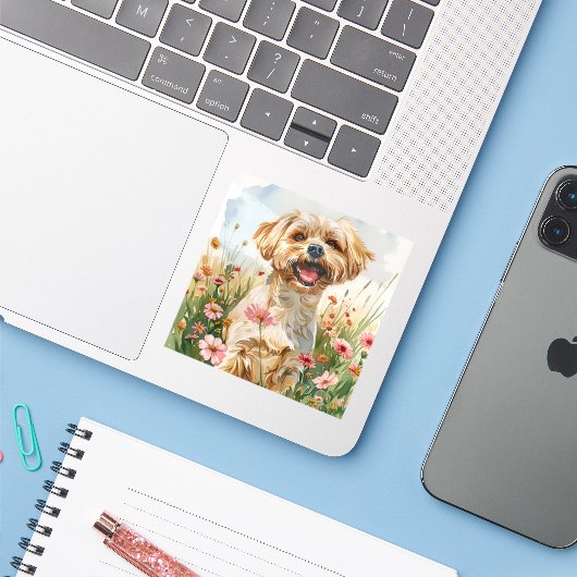 Maltese Watercolor Sticker (Laptop mit iPhone)