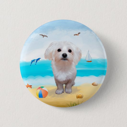 Malteser Hund am Strand Button (Vorderseite)