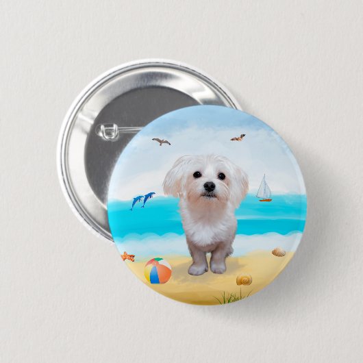 Malteser Hund am Strand Button (Vorne & Hinten)