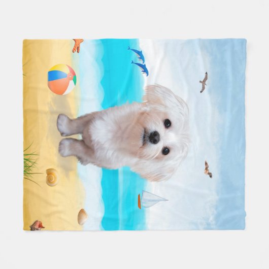 Malteser Hund am Strand Fleecedecke (Vorderseite (Horizontal))