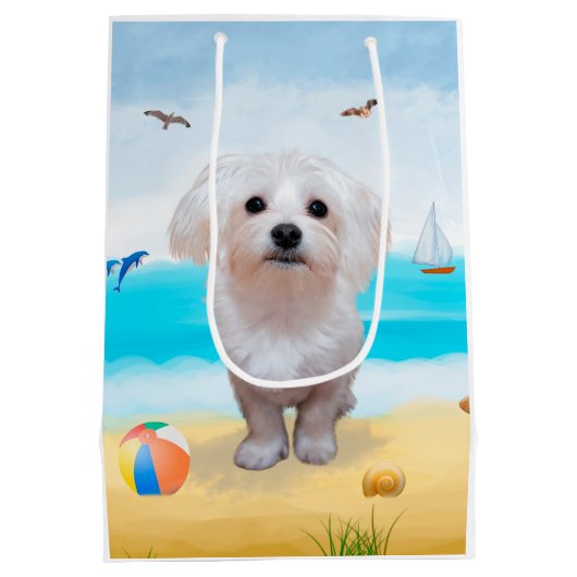 Malteser Hund am Strand Mittlere Geschenktüte (Rückseite)