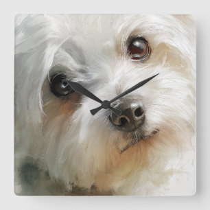 Malteser-Hund Aquarell-Porträt Quadratische Wanduhr