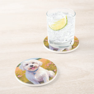 Malteser-Hund-Blumenfeld-Malerei Getränkeuntersetzer