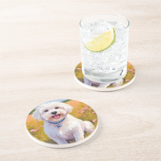 Malteser-Hund-Blumenfeld-Malerei Getränkeuntersetzer (Seite)