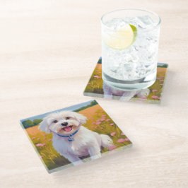 Malteser-Hund-Blumenfeld-Malerei Glasuntersetzer