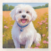 Malteser-Hund-Blumenfeld-Malerei Glasuntersetzer (Vorderseite)