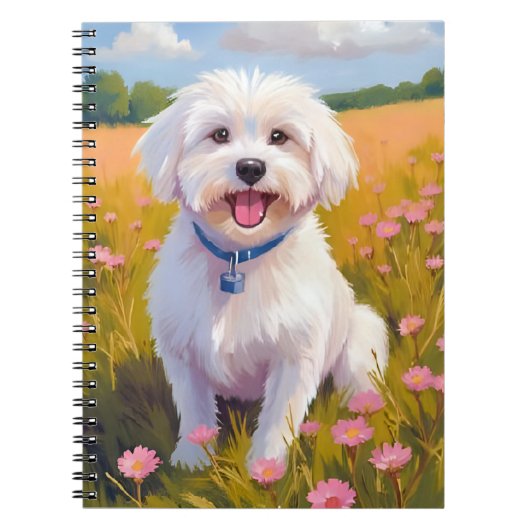 Malteser-Hund-Blumenfeld-Malerei Notizblock (Vorderseite)
