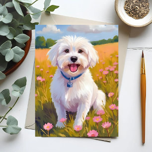 Malteser-Hund-Blumenfeld-Malerei Postkarte