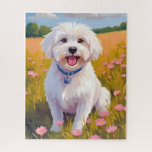 Malteser-Hund-Blumenfeld-Malerei Puzzle (Vertikal)