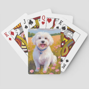 Malteser Hund Blumenfeld Malerei Spielkarten