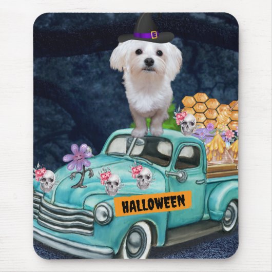 Malteser Hund Halloween Lkw Beängstigende Nacht Mousepad (Vorne)