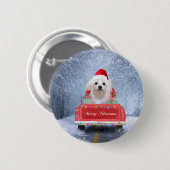 Malteser Hund im Schnee sitzend im Weihnachtswagen Button (Vorne & Hinten)