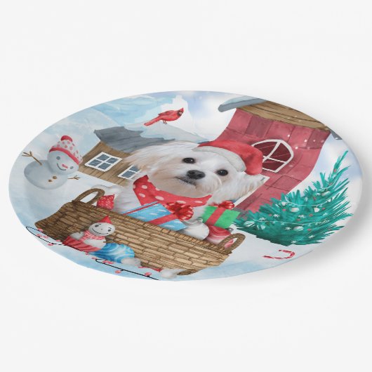 Malteser Hund im Schnee Weihnachtshaus Pappteller (Schrägansicht)