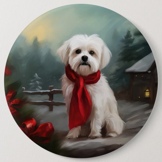 Malteser Hund in Schnee Weihnachten Button (Vorderseite)
