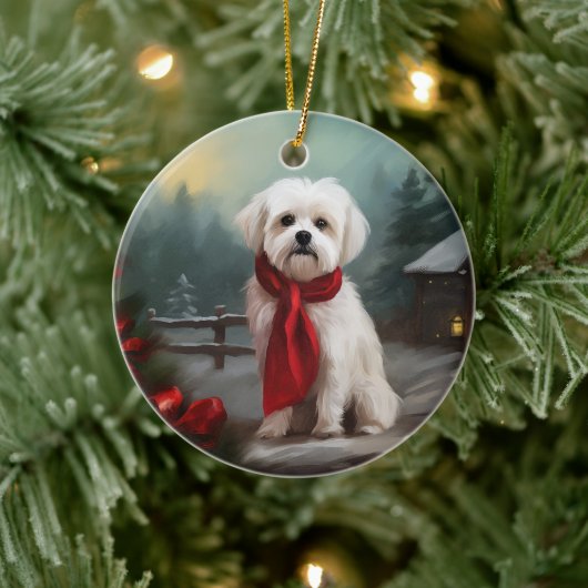 Malteser Hund in Schnee Weihnachten Keramik Ornament (Baum)