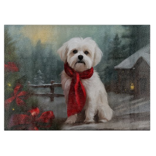 Malteser Hund in Schnee Weihnachten Schneidebrett (Vorderseite)