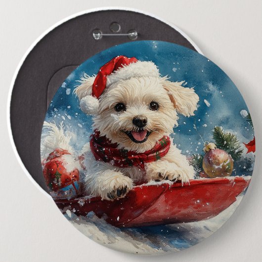 Malteser Hund in Sledge Lass es Schnee Weihnachten Button (Vorne & Hinten)