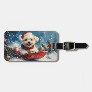 Malteser Hund in Sledge Lass es Schnee Weihnachten Gepäckanhänger