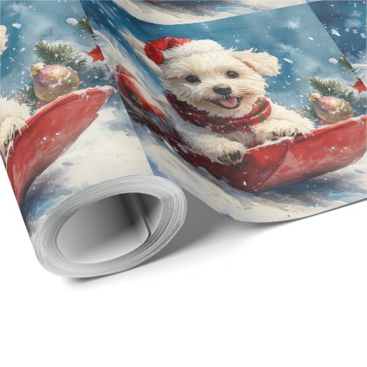 Malteser Hund in Sledge Lass es Schnee Weihnachten Geschenkpapier (Rolleneckpunkt)