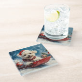 Malteser Hund in Sledge Lass es Schnee Weihnachten Glasuntersetzer (Schrägansicht)