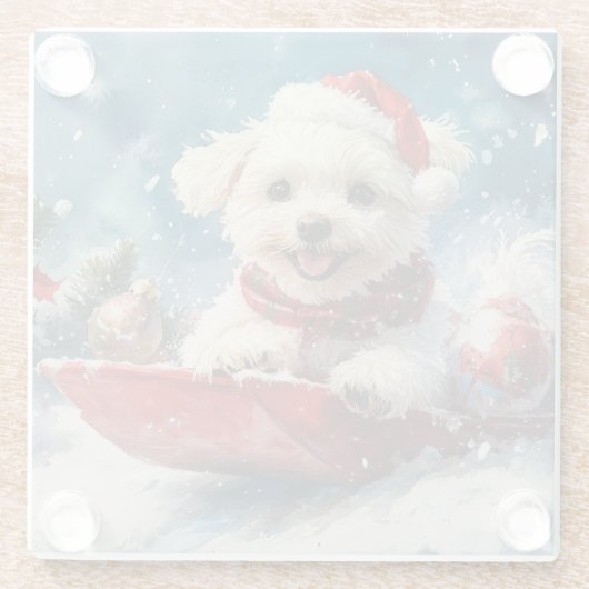 Malteser Hund in Sledge Lass es Schnee Weihnachten Glasuntersetzer (Rückseite)