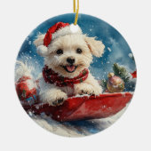 Malteser Hund in Sledge Lass es Schnee Weihnachten Keramik Ornament (Vorne)